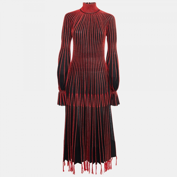 Pre Owned Alexander McQueen Black/Red Stripe Knit Plisse Midi Dress M