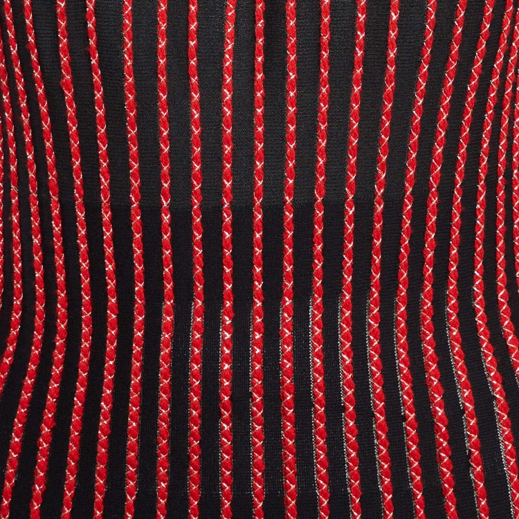 Pre Owned Alexander McQueen Black/Red Stripe Knit Plisse Midi Dress M