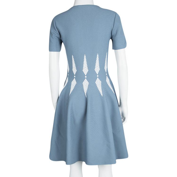 Pre Owned Alexander McQueen Blue Knit Intarsia Skater Dress M