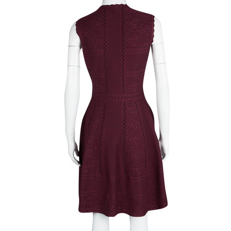 Pre Owned Alexander McQueen Burgundy Lace Knit Full Circle Sleeveless Dress M