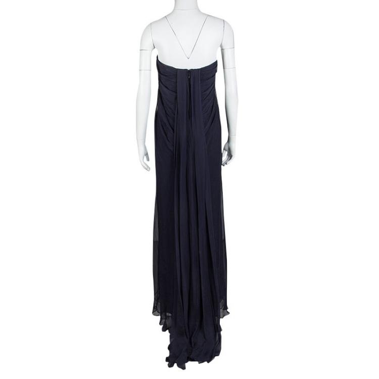 Pre Owned Alexander Mc Queen Navy Blue Silk Chiffon Draped Strapless Dress M