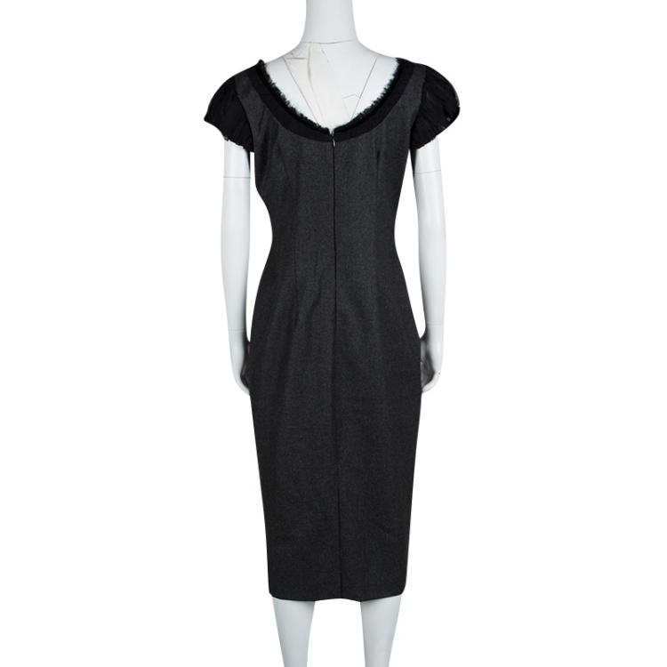 Pre Owned Alexander McQueen Grey Wool Cashmere Frayed Trim Detail Dress M