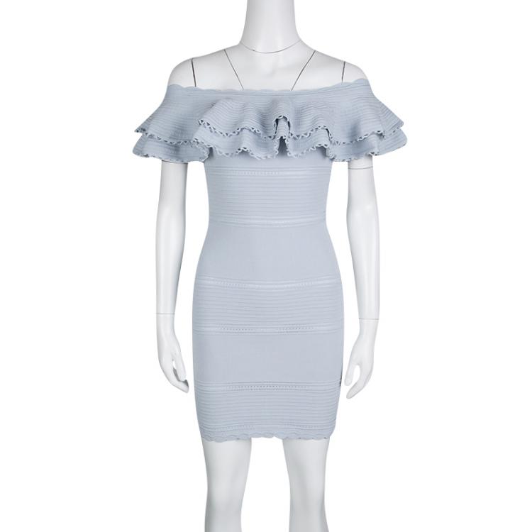 Pre Owned Alexander McQueen Blue Perforated Knit Ruffle Detail Off Shoulder Dress S