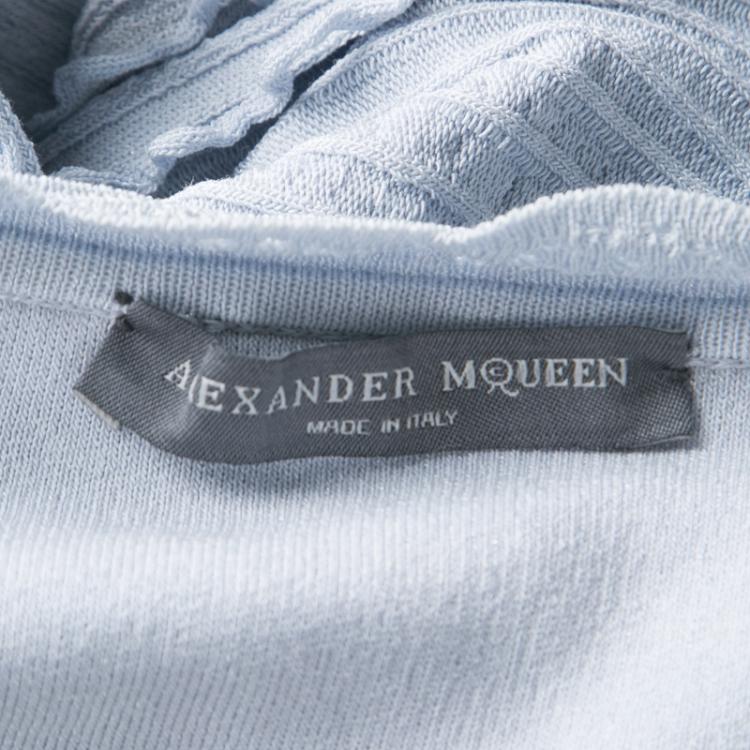 Pre Owned Alexander McQueen Blue Perforated Knit Ruffle Detail Off Shoulder Dress S