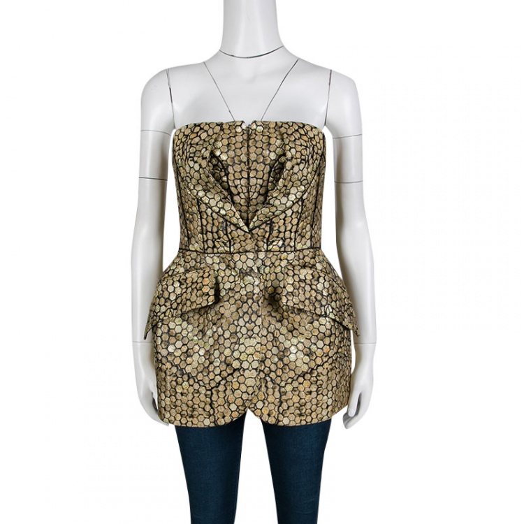 Pre Owned Alexander McQueen Gold and Black Honeycomb Pattern Jacquard Strapless Corset Top M