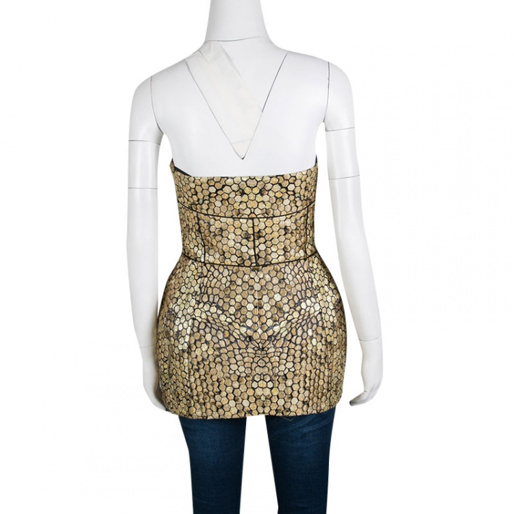 Pre Owned Alexander McQueen Gold and Black Honeycomb Pattern Jacquard Strapless Corset Top M