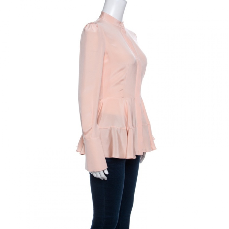 Pre Owned Alexander Mcqueen Peach Silk Long Sleeve Peplum Shirt S