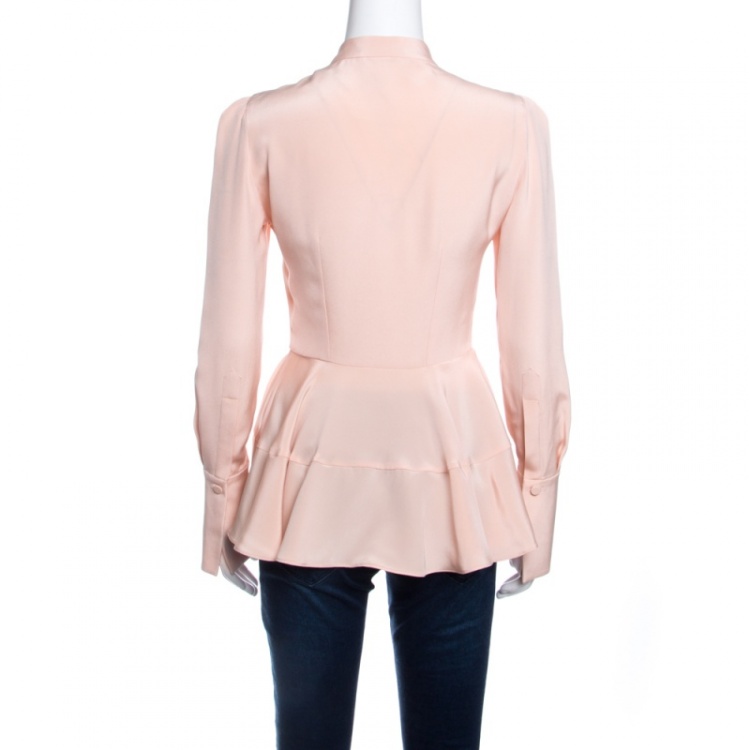 Pre Owned Alexander Mcqueen Peach Silk Long Sleeve Peplum Shirt S