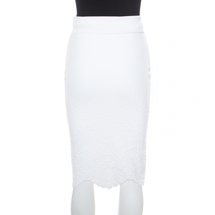 Pre Owned Alexander McQueen White Stretch Knit Floral Embossed Scalloped Hem Pencil Skirt S