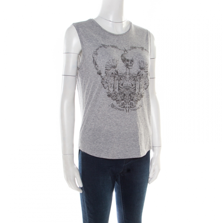 Pre Owned Alexander McQueen Grey Skeleton Printed Cotton Jersey Tank Top S