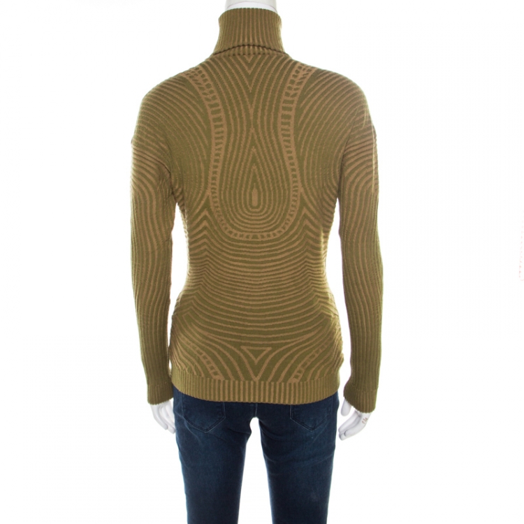 Pre Owned Alexander McQueen Green Patterned Knit Wool Turtleneck Sweater L