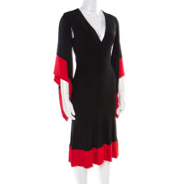 Pre Owned Alexander McQueen Black and Red Cutout Draped Sleeve Detail Dress M