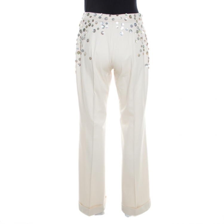 Pre Owned Alexander McQueen Beige Cotton Mother of Pearl Button Embellished Flared Trousers M