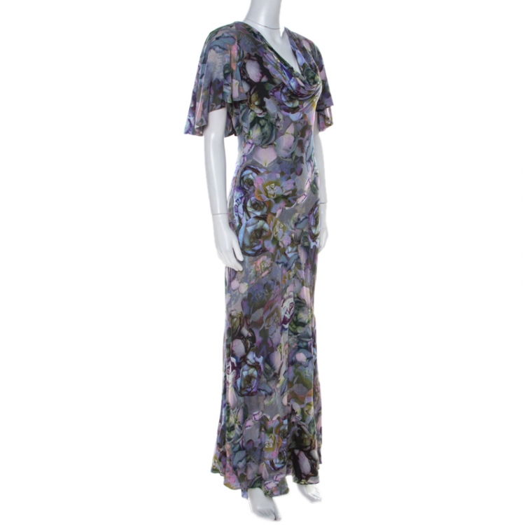 Pre Owned Alexander McQueen Multicolor Floral Printed Cowl Neck Maxi Dress S