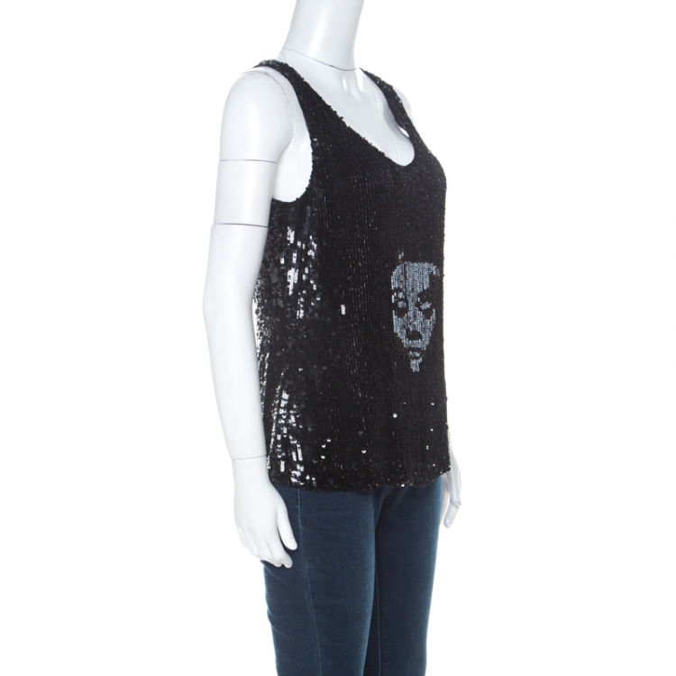 Pre Owned Alexander McQueen Black Sequinned & Beaded Skull Pattern Sleeveless Top S