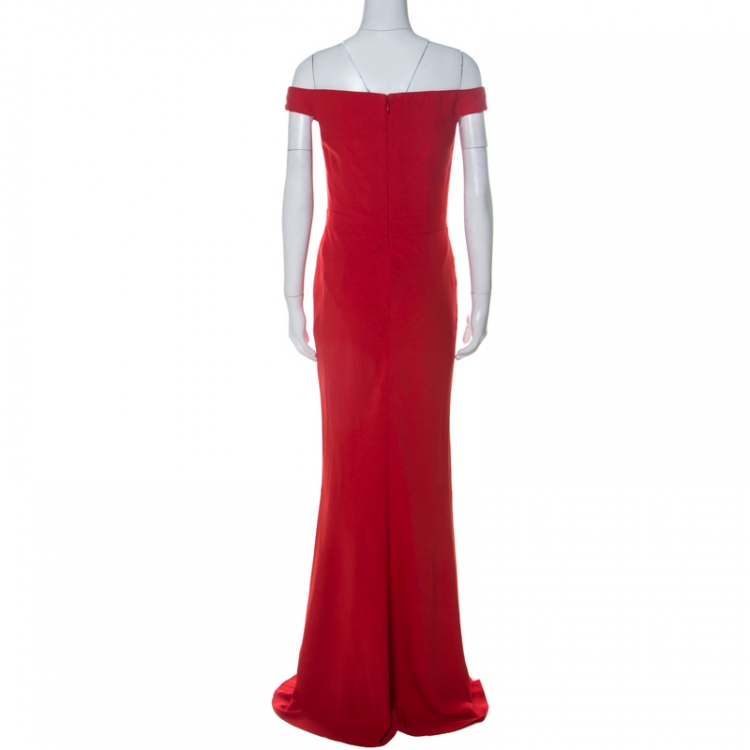 Pre Owned Alexander McQueen Red Crepe Off Shoulder Evening Gown M