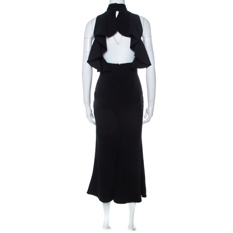 Pre Owned Alexander McQueen Black Crepe Ruffled Open Back Sleeveless Dress S