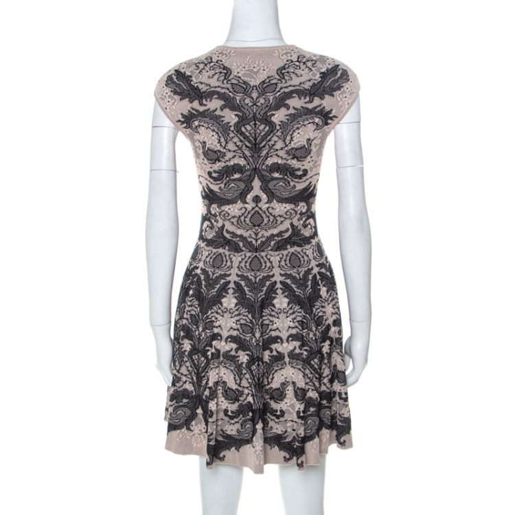 Pre Owned Alexander McQueen Beige and Black Knit Jacquard Silk Blend Mini Dress S