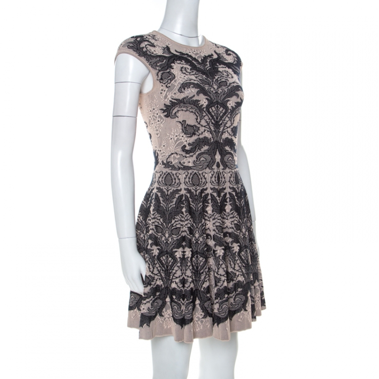 Pre Owned Alexander McQueen Beige and Black Knit Jacquard Silk Blend Mini Dress S