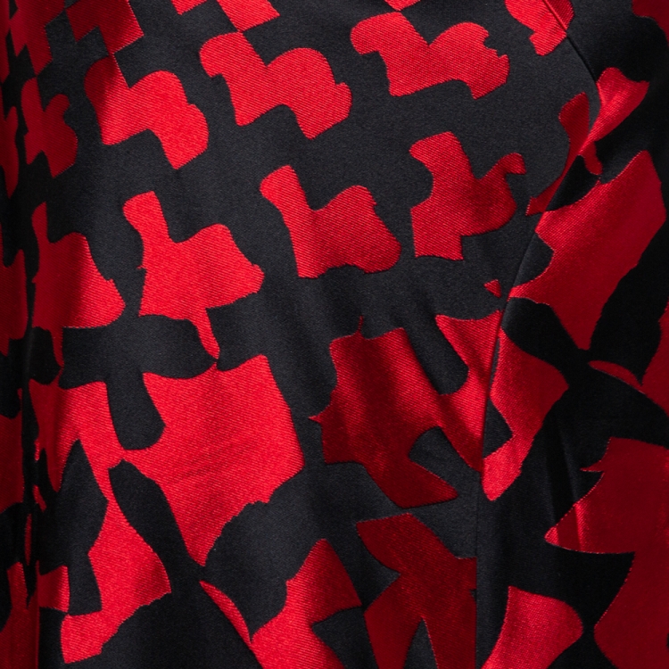Pre Owned Alexander McQueen Red & Black Patterned Satin High Neck Detail Shift Dress S