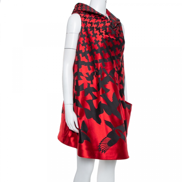 Pre Owned Alexander McQueen Red & Black Patterned Satin High Neck Detail Shift Dress S
