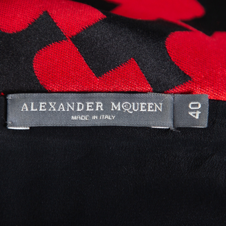 Pre Owned Alexander McQueen Red & Black Patterned Satin High Neck Detail Shift Dress S