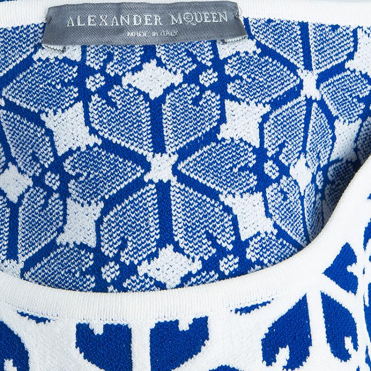 Pre Owned Alexander McQueen Blue Embossed Floral Jacquard Pattern Knit Dress XXS
