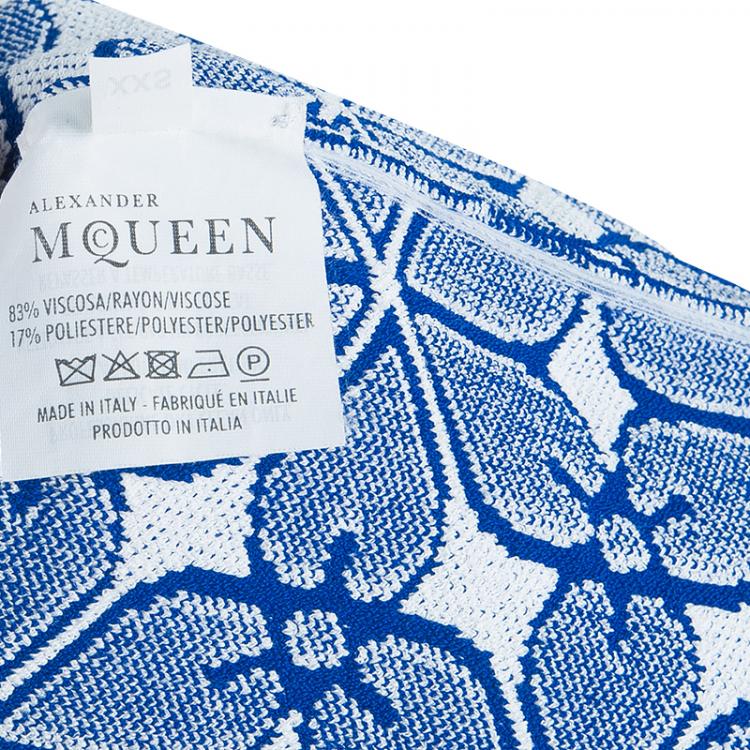 Pre Owned Alexander McQueen Blue Embossed Floral Jacquard Pattern Knit Dress XXS