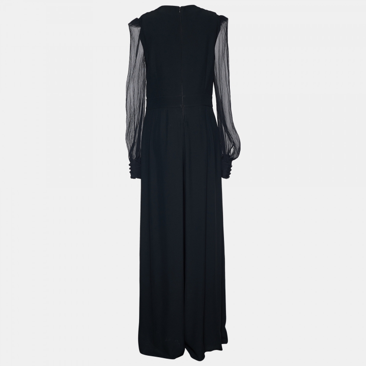 Alexander McQueen Black Crepe Sheer Sleeve Wide Leg Jumpsuit M