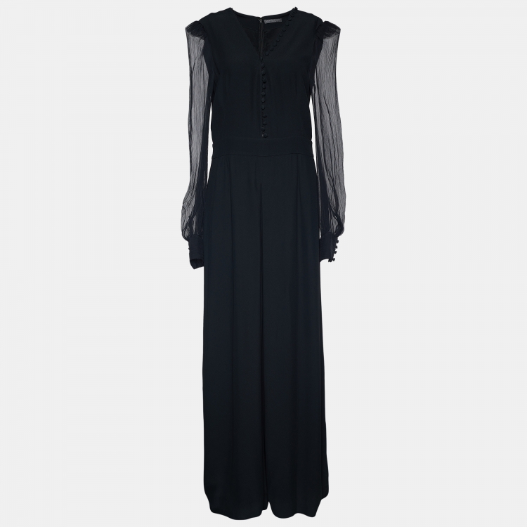 Pre Owned Alexander McQueen Black Crepe Sheer Sleeve Wide Leg Jumpsuit M