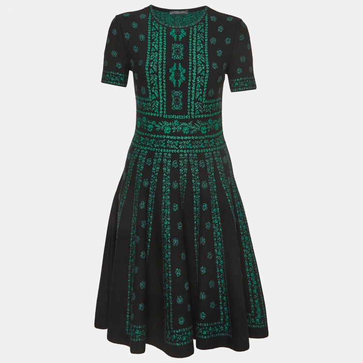 Pre Owned Alexander McQueen Black/Green Floral Pattern Knit Pencil Dress L