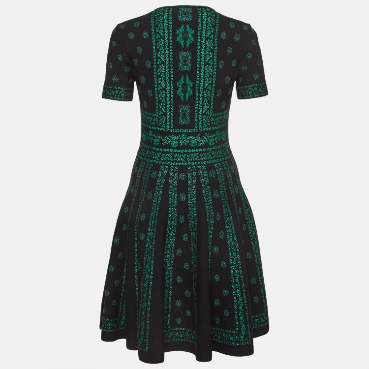 Pre Owned Alexander McQueen Black/Green Floral Pattern Knit Pencil Dress L