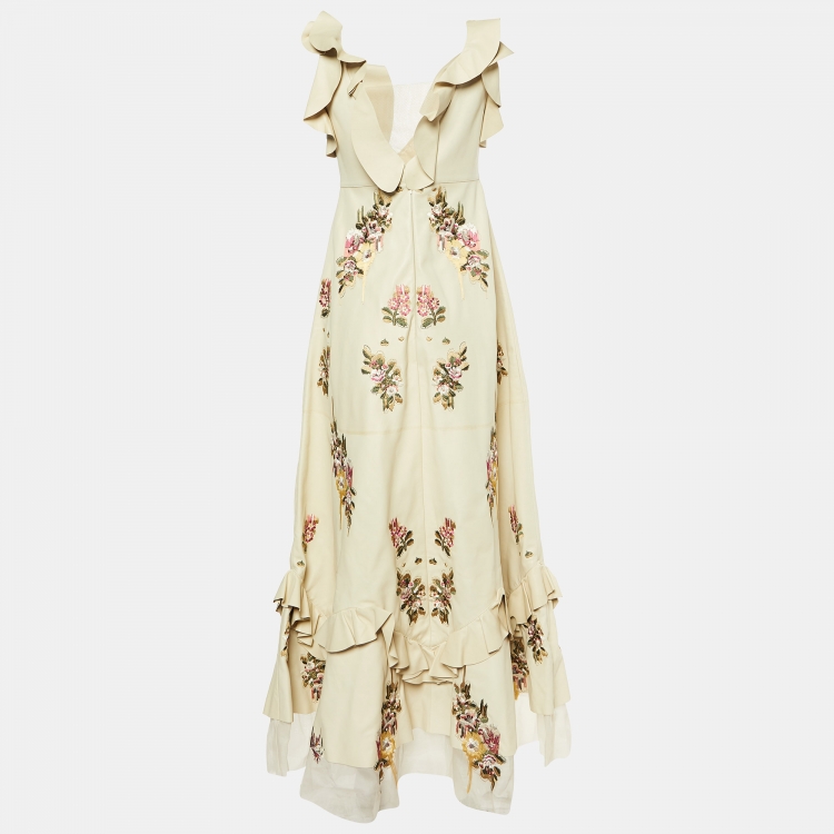 Pre Owned Alexander McQueen Beige Embroidered Lambskin Leather Maxi Dress S