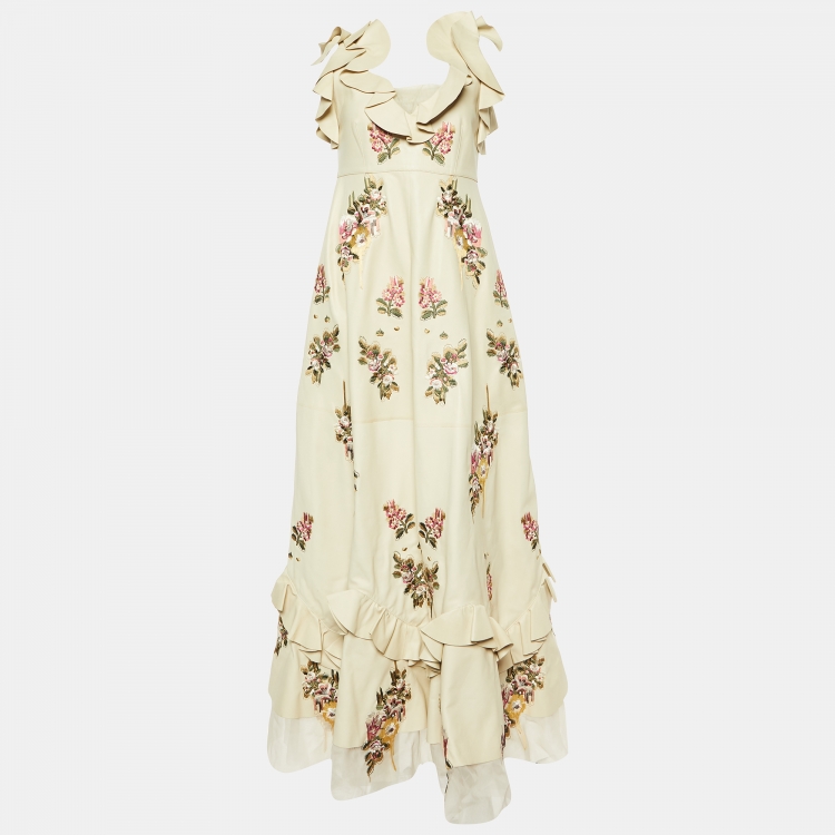 Pre Owned Alexander McQueen Beige Embroidered Lambskin Leather Maxi Dress S