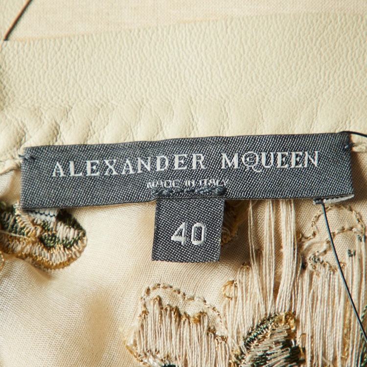 Pre Owned Alexander McQueen Beige Embroidered Lambskin Leather Maxi Dress S