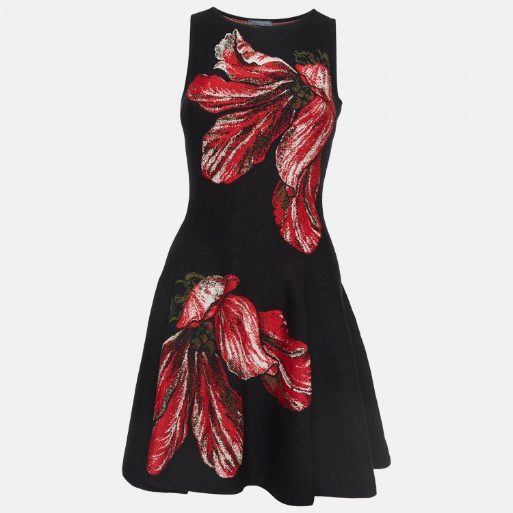 Pre Owned Alexander McQueen Black/Red Floral Intarsia Knit Fit & Flare Mini Dress XS