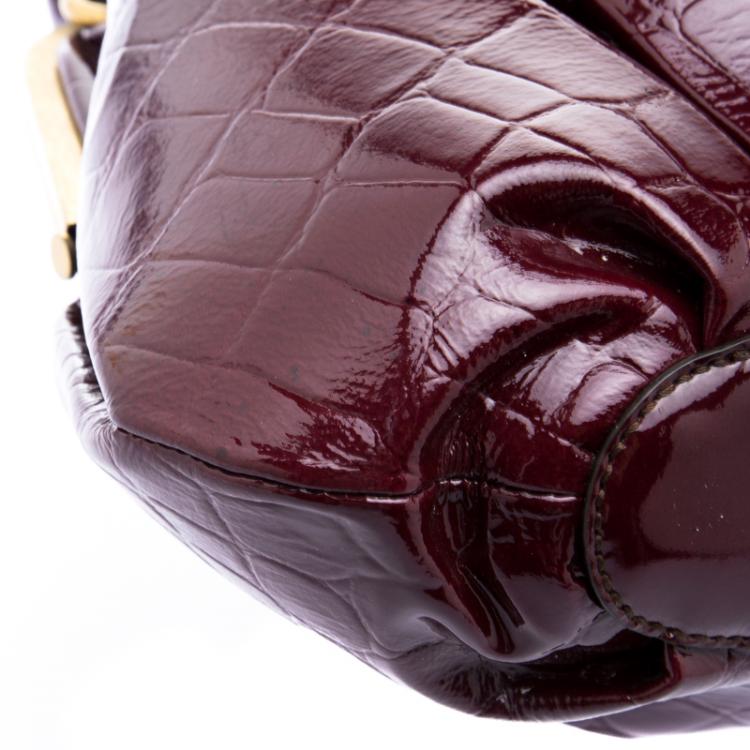 Pre Owned Alexander Mcqueen Bordeaux Croc Embossed Patent Leather Elvie Satchel