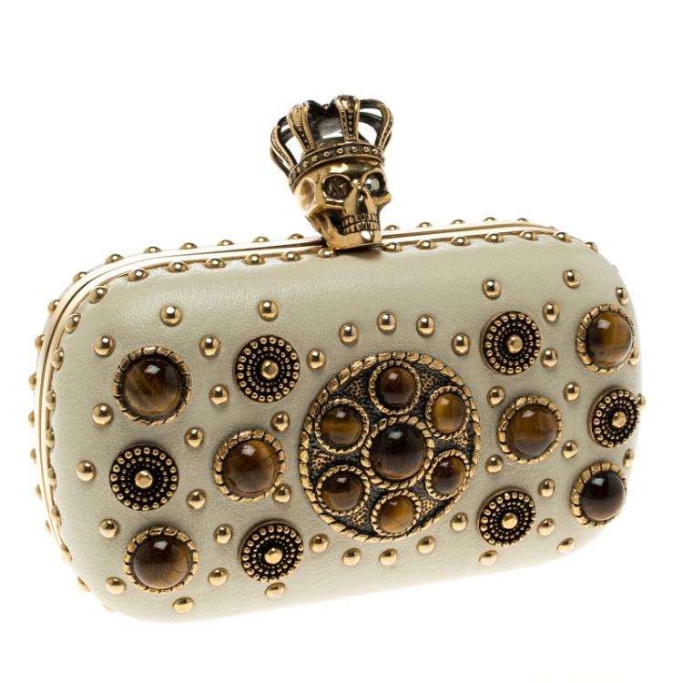 Pre Owned Alexander McQueen Off White Embellished Crown Skull Box Clutch 