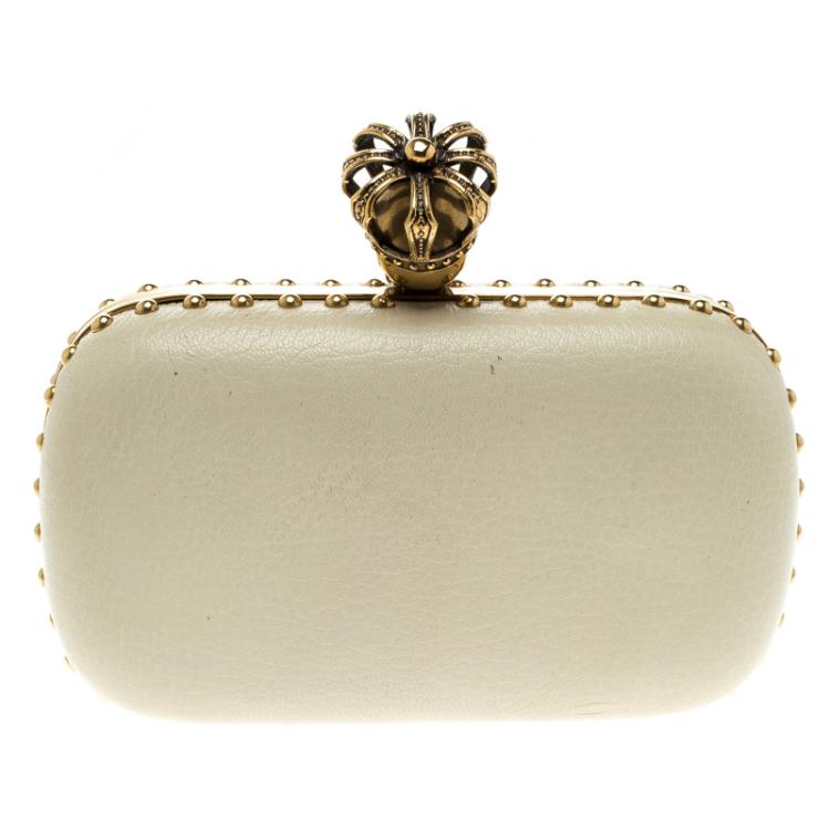 Pre Owned Alexander McQueen Off White Embellished Crown Skull Box Clutch 