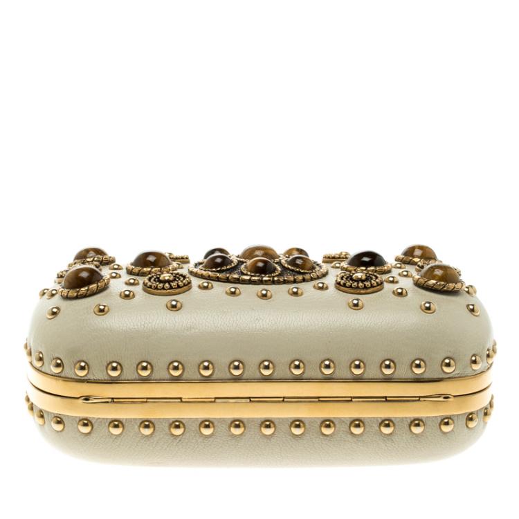 Pre Owned Alexander McQueen Off White Embellished Crown Skull Box Clutch 