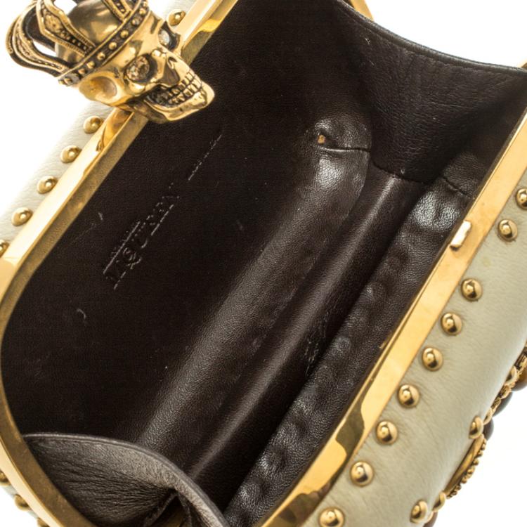 Pre Owned Alexander McQueen Off White Embellished Crown Skull Box Clutch 