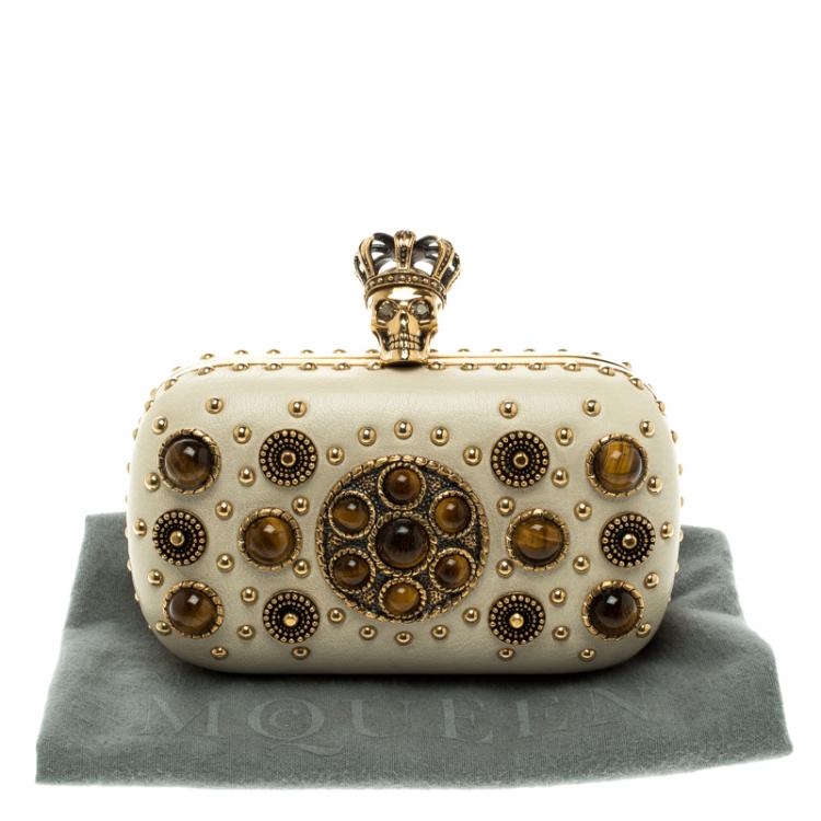 Pre Owned Alexander McQueen Off White Embellished Crown Skull Box Clutch 
