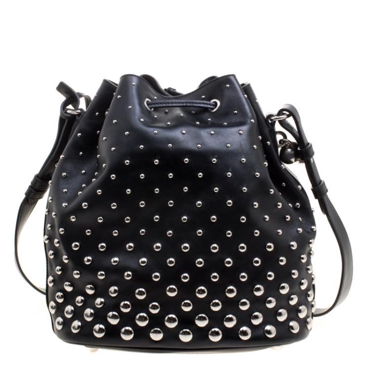 Pre Owned Alexander McQueen Black Leather Studded Padlock Drawstring Bucket Shoulder Bag