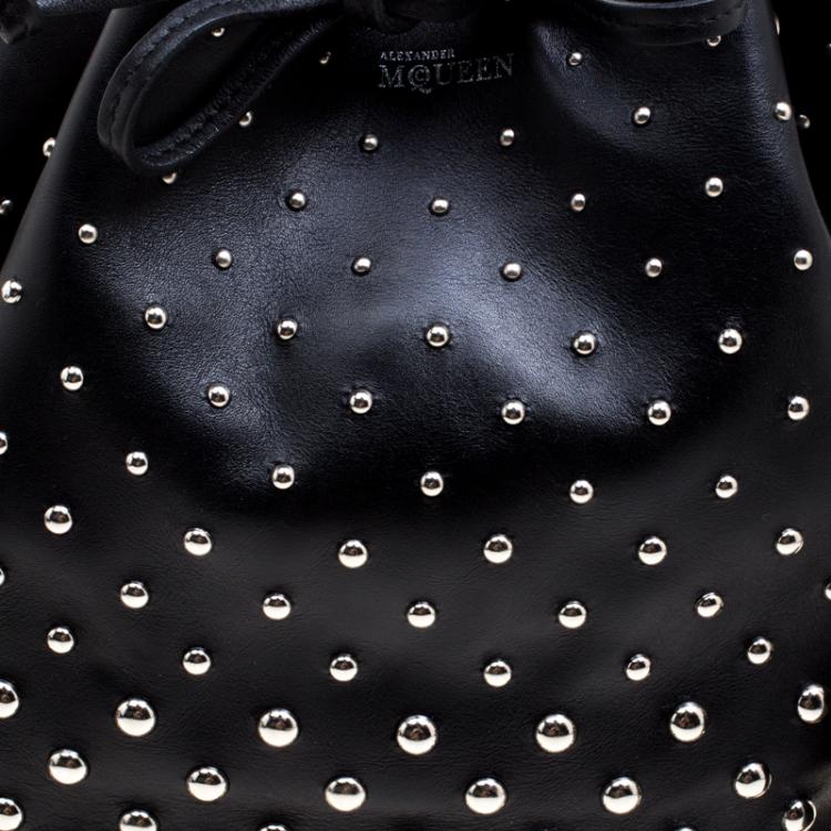Pre Owned Alexander McQueen Black Leather Studded Padlock Drawstring Bucket Shoulder Bag