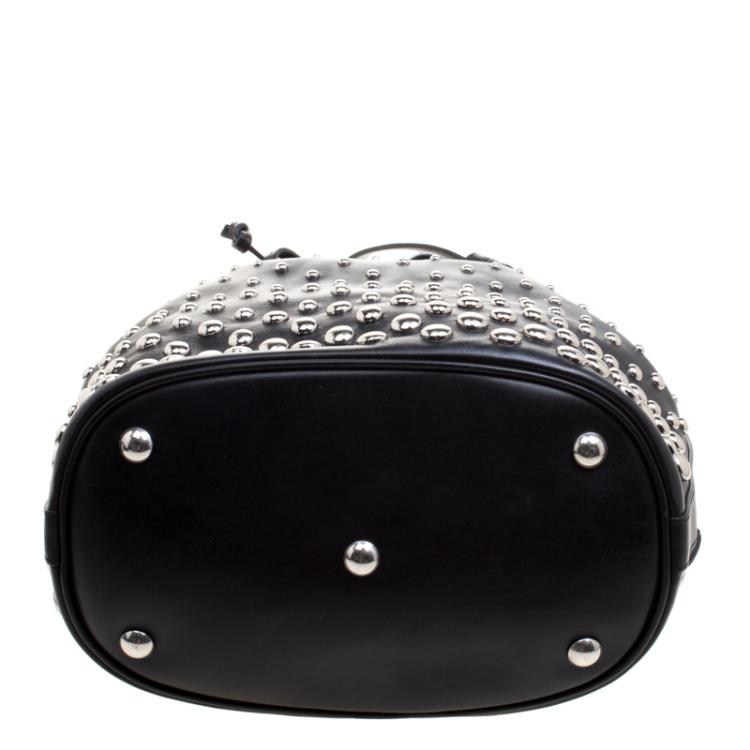 Pre Owned Alexander McQueen Black Leather Studded Padlock Drawstring Bucket Shoulder Bag