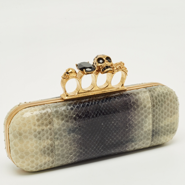 Pre Owned Alexander McQueen Beige/Navy Blue Python Skull Knuckle Duster Clutch