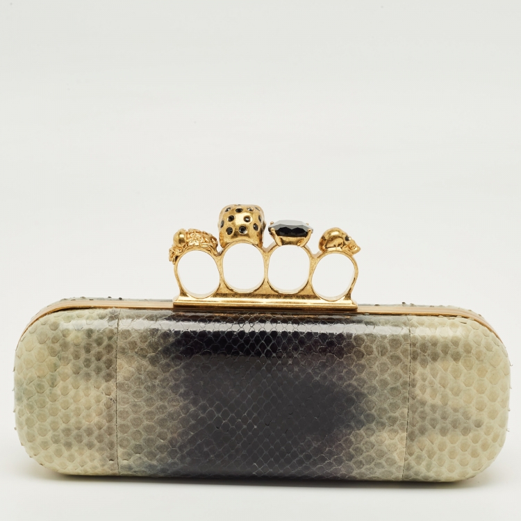 Pre Owned Alexander McQueen Beige/Navy Blue Python Skull Knuckle Duster Clutch
