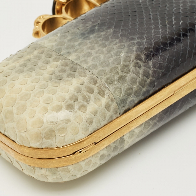 Pre Owned Alexander McQueen Beige/Navy Blue Python Skull Knuckle Duster Clutch