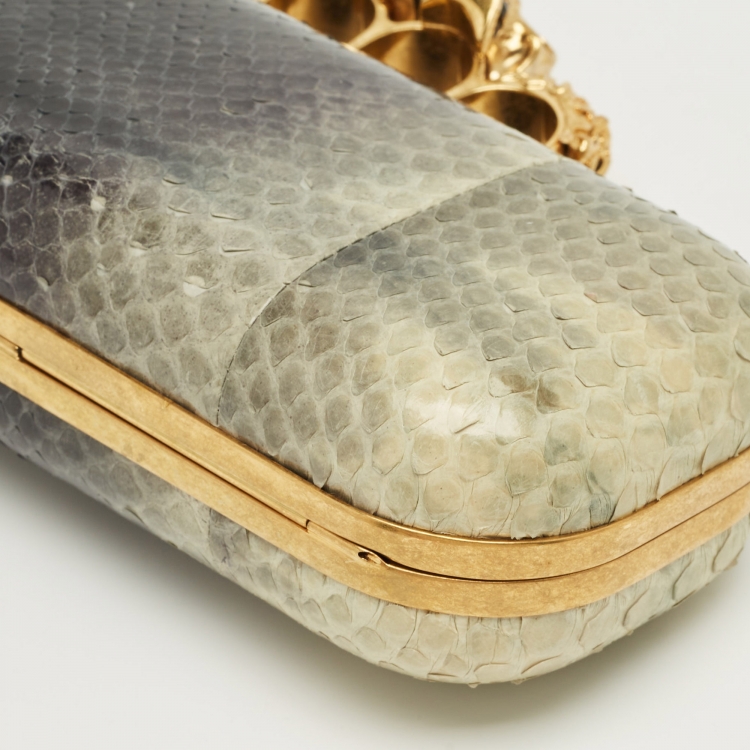 Pre Owned Alexander McQueen Beige/Navy Blue Python Skull Knuckle Duster Clutch