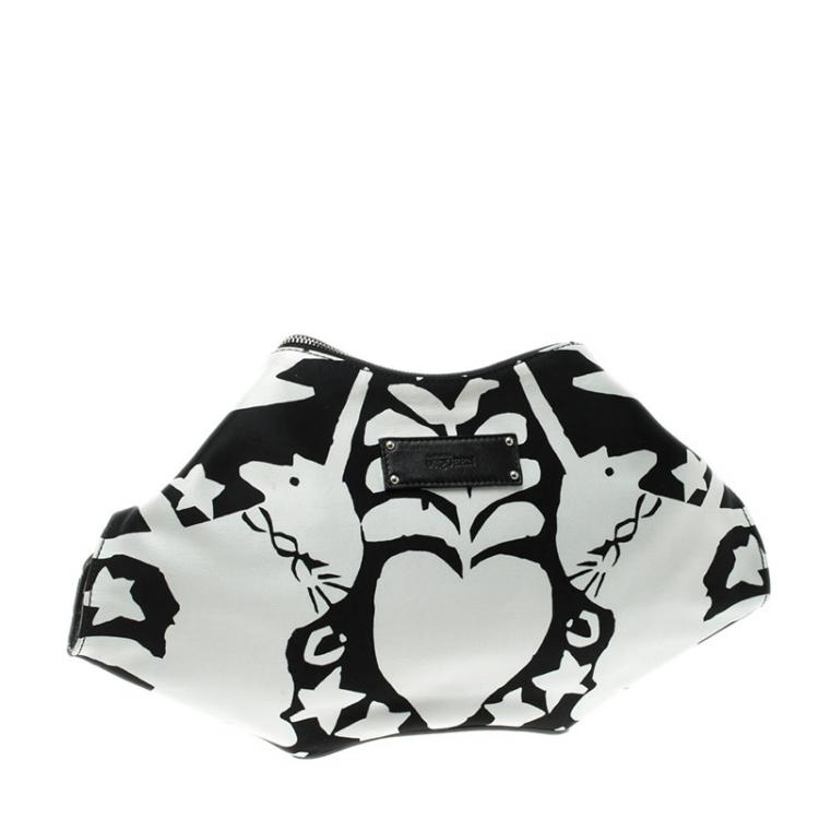 Pre Owned Alexander McQueen White/Black Printed Satin Medium De Manta Clutch